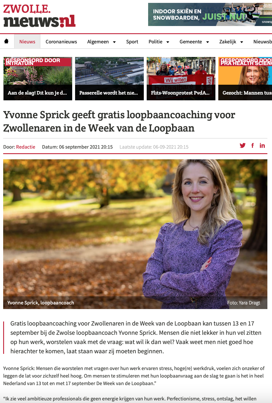 Zwolle nieuws.nl Loopbaancoach Zwolle Yvonne Sprick www.yvonnesprick.nl Gratis loopbaancoaching voor Zwollenaren in de ‘Week van de Loopbaan’