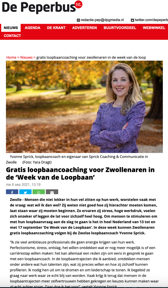 De Peperbus Loopbaancoach Zwolle Yvonne Sprick www.yvonnesprick.nl Gratis loopbaancoaching voor Zwollenaren in de ‘Week van de Loopbaan’